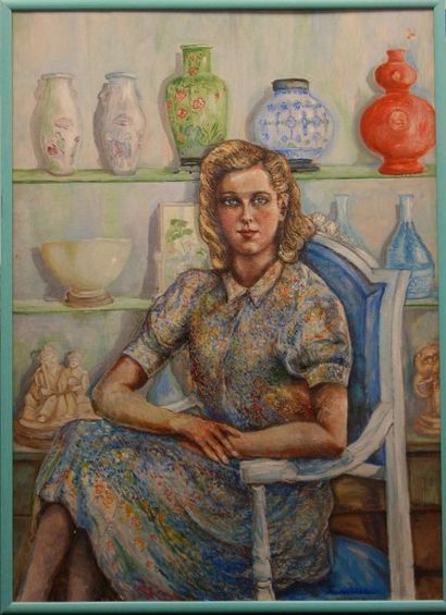 Nikolaj Pavlovic RJABUSINSKIJ (1877-1951) Portrait de jeune femme dans un intérieur...