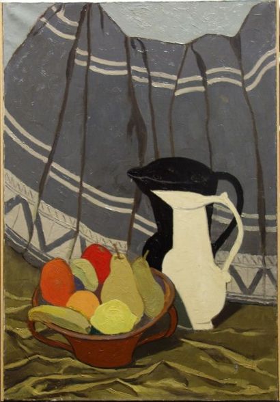Clément SERVEAU (1886-1972) Nature morte à la coupe de fruits et aux pichets. Huile...