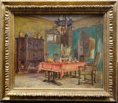 Eugène DEULLY (1860-1933) Intérieur néogothique. Huile sur toile, signée en bas à...