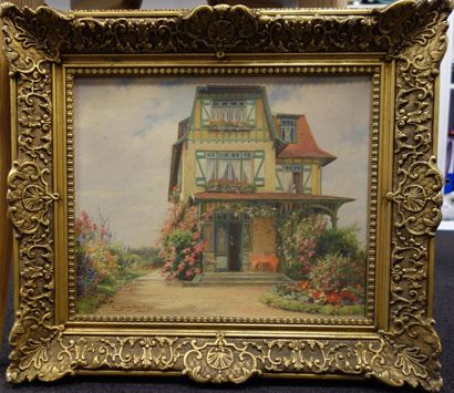 Eugène DEULLY (1860-1933) Maison à colombage vert et aux fleurs. Huile sur toile,...