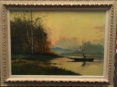 M.JULIANY (XIX-XXème siècle) Barque sur un étang. Huile sur toile, signée en bas...