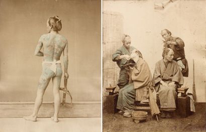 August VON DER MUHLL Samouraï tatoué et barbier. Circa 1890. Deux tirages sur papier...