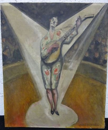 André VERDILHAN (1881-1963) Clown à la mandoline. Huile sur toile signée en bas à...