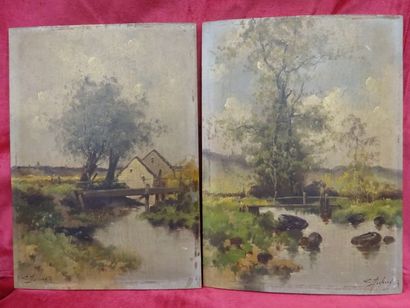 Louis DUPUY (GALIEN-LALOUE 1854-1941) Paysage au ruisseau. - Maisons près d'un ruisseau....