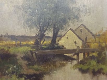Louis DUPUY (GALIEN-LALOUE 1854-1941) Paysage au ruisseau. - Maisons près d'un ruisseau....