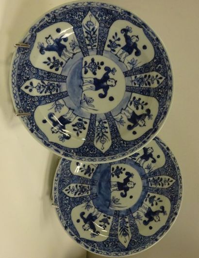 CHINE Paire D'assiettes en porcelaine à décor rayonnant en camaïeu bleu dit "aux...