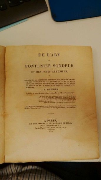 F. GARNIER De l'art du Fontenier sondeur. Avec planches en fin de volume. Paris,...