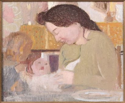 Maurice DENIS (1870-1943) 
Maternité rose et jaune. 1906.
Huile sur toile.
Signée...