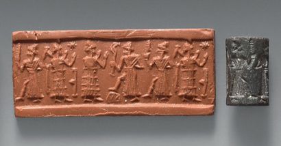 Première dynastie babylonienne 1700-1200 avant J.-C. Cylindre.
Quatre sujets:
A gauche,...