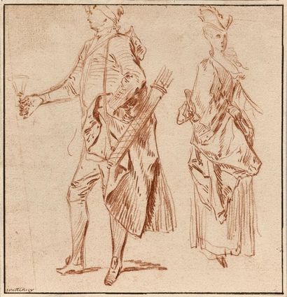 Ecole d'Antoine WATTEAU (1684-1721) 
Homme debout vu de profil et tourné vers la...