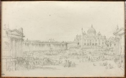 Attribué à Jean-Victor NICOLLE (1754-1826) 
La Place Saint-Pierre de Rome.
Graphite.
Marque...