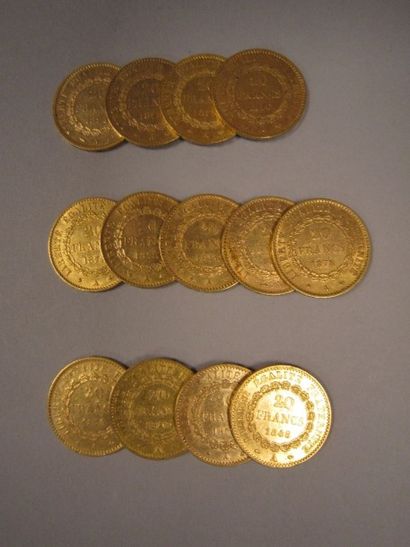 France 
13 Pièces de 20 francs or, 1848, 1849, 1876 (x 3), 1877 (x 2), 1878 (x 4),...