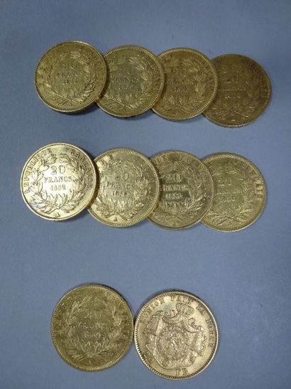 null Lot de 10 Pièces de 20 francs or:
FRANCE 1852 (x 2), 1854 (x 2), 1855, 1858...