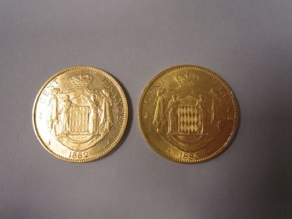 MONACO 
Charles III.
2 Pièces de 100 francs or, 1882, 1886.
Poids total: 64,40 g...