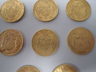 BELGIQUE 
11 Pièces de 20 francs or, 1869 (x 2), 1870, 1871 (x 2), 1874 (x 2), 1875,...