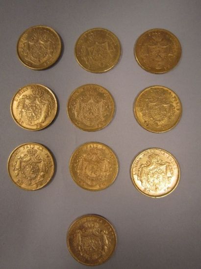 BELGIQUE 
10 Pièces de 20 francs or, 1867, 1870 (x 2), 1869, 1871 (x 3), 1875, 1876,...