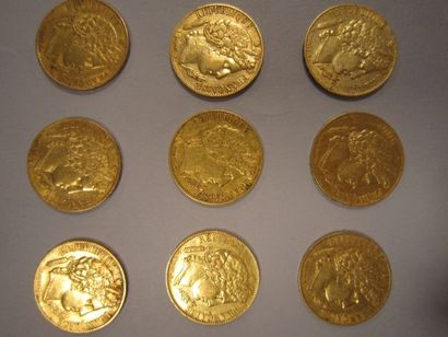 France 
9 Pièces de 20 francs or, 1850 (x 2), 1851 (x 7).
Poids total: 57,70 g.