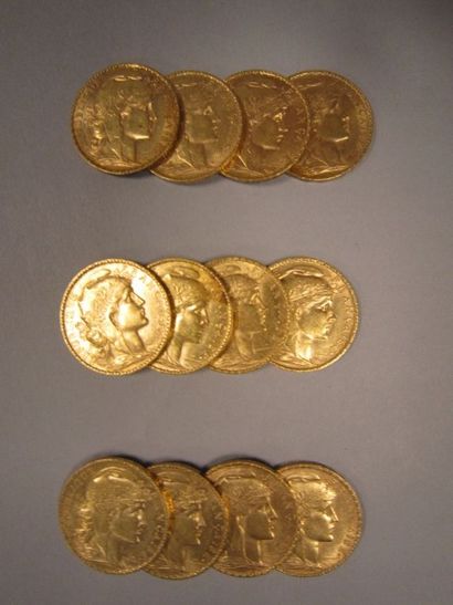France 
12 Pièces de 20 francs or, 1904 (x 3), 1905 (x 3), 1906 (x 3), 1908, 1910...