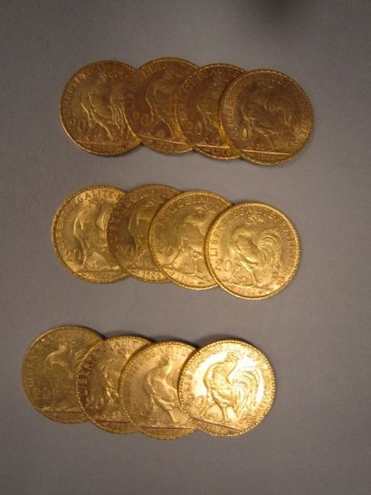 France 
12 Pièces de 20 francs or, 1904 (x 3), 1905 (x 3), 1906 (x 3), 1908, 1910...