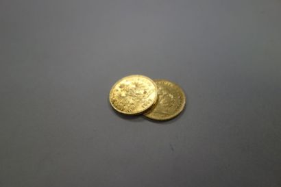 null AUTRICHE

Lot de deux pièces de 8 florins 20 francs or,

1874 et 1882.

Poids...