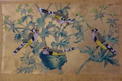 Georges MANZANA-PISSARRO (1871-1961) Quatre oiseaux et nid.Pochoir sur fond or, signé...