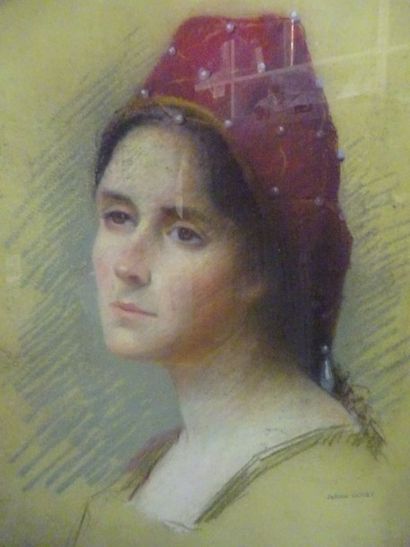 null Juliette GOURY (1878-1954) Portrait de jeune femme au bonnet rouge.Pastel sur...