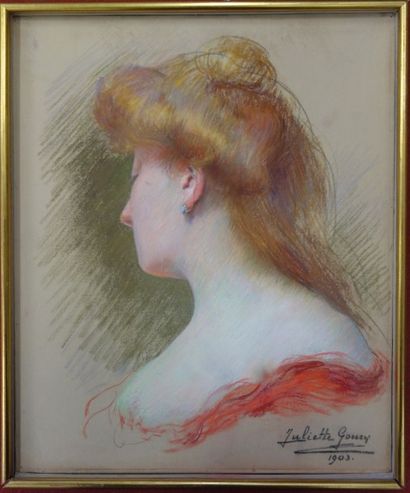 null Juliette GOURY (1878-1954)Portrait d'une élégante de profilPastel sur toile,...