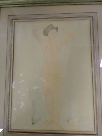 null Odilon ROCHE (1868-1947) Femme nue bras levés.Mine de plomb et aquarelle sur...