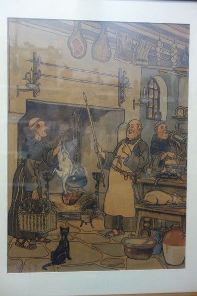 null Harry ELLIOTT SCOTT (1909-?)Moines préparant le repas / La dégustation du repas.Deux...