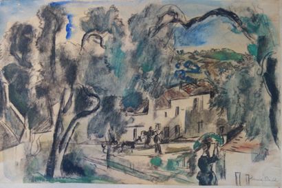 null Hermine DAVID (1886-1970).Village provençalMine de plomb, fusain, aquarelle...