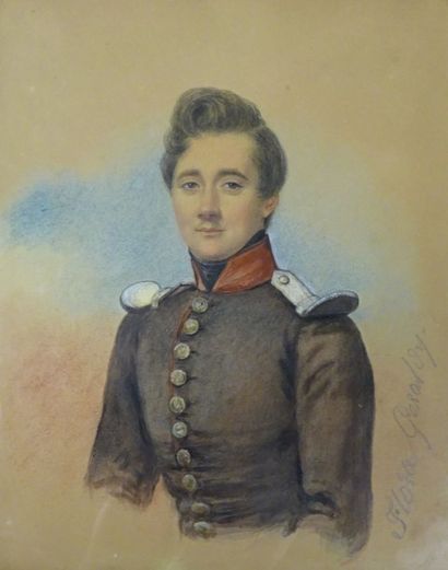 null Flora GERALDY (XIXème siècle)Portrait en buste d'un jeune officier d'infanterieAquarelle...