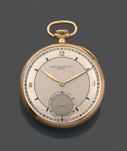 PATEK PHILIPPE & CIE 
Belle montre de poche en or (750), cadran argenté bicolore...