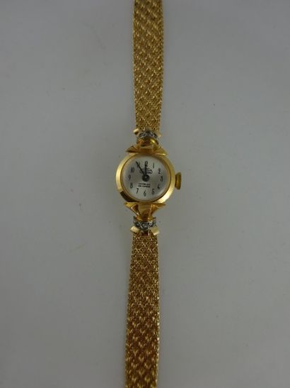 null Montre bracelet de dame en or jaune (750). Boîtier rond, cadran à fond gris,...