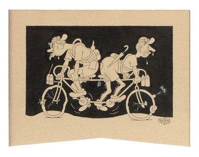 Albert DUBOUT (1905-1976) 
Les cyclistes.
Encre et rehauts de gouache sur papier.
Signé...