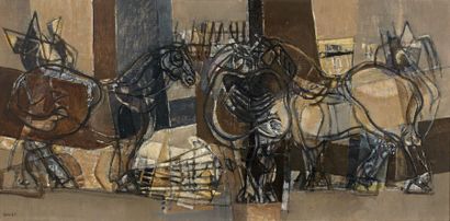 Georges DAYEZ (1907-1991) 
“L'écurie.”
Huile sur toile.
Signée en bas à gauche, contresignée,...