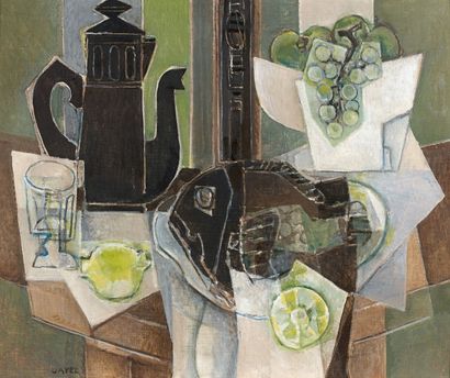 Georges DAYEZ (1907-1991) 
“Cafetière noire et poisson.”
Huile sur toile.
Signée...