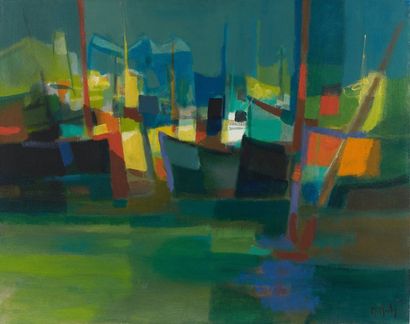 Marcel Mouly (1918-2008) 
“Le port, lumière jaune.”
Huile sur toile.
Signée en bas...