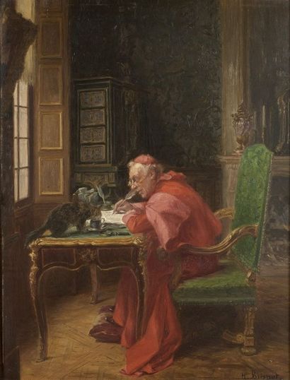 Henri BRISPOT (1846-1928) 
Cardinal à son bureau, son chat buvant dans sa tasse.
Huile...