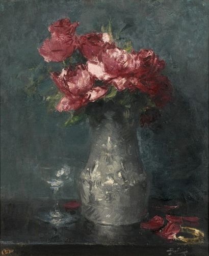 Pierre-Eugène MONTÉZIN (1874-1946) 
“Roses rouges”.
Huile sur toile, signée en bas...