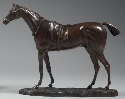 D'après John WILLIS-GOOD (1845-1879) 
Cheval de course sellé.
Epreuve en bronze à...