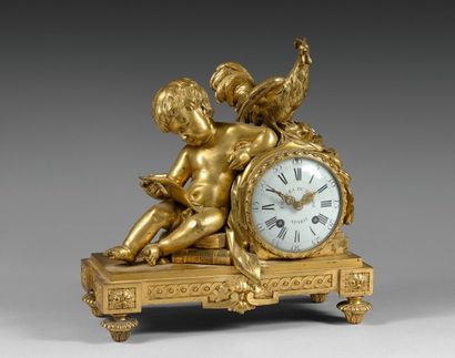 Charles DUTERTRE à Paris Pendule en bronze ciselé et doré orné d'un putto assis sur...
