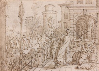 Attribué à Otto VAN VEEN (1556-1629) 
Scène de bataille depuis un palais.
Plume,...