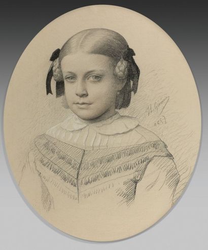 Jean-Léon GEROME (1824-1904) 
Portrait de petite fille. 1857.
Trois crayons sur toile.
Signée...