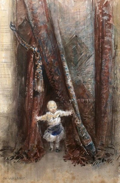 André Charles VOILLEMOT (1822-1893) 
Enfant au rideau.
Aquarelle sur papier.
Signé...