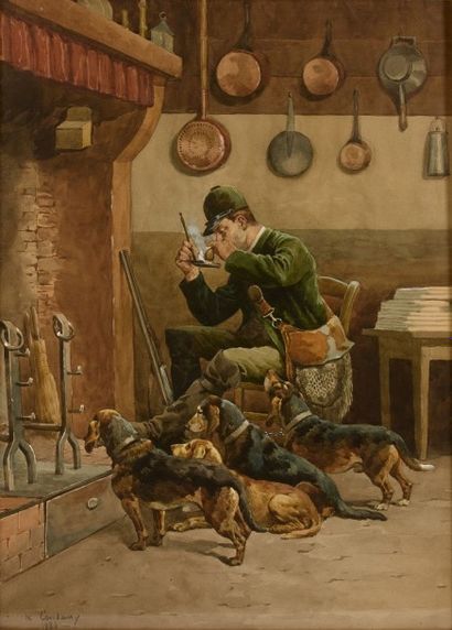 Charles Fernand DE CONDAMY (c.1855-1913) 
Chasseur et ses chiens allumant sa pipe,...