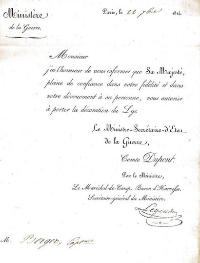 null LETTRE
Ministère de la guerre 1814 pour le capitaine François BERGER DECORATION...