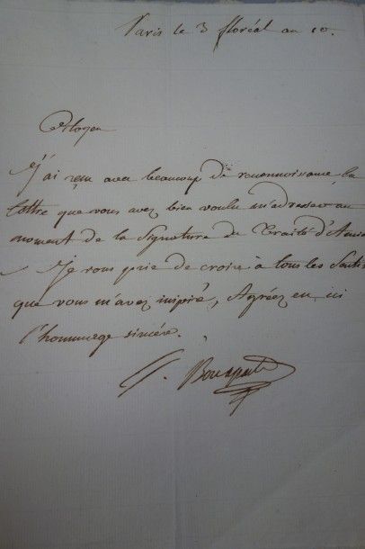 null BONAPARTE (Joseph). Lettre autographe, signée. Paris, 3 Floréal an 10 [1802]...