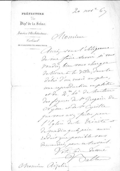 BALTARD (Victor) Lettre autographe signée à AIZELIN. [Paris] 20 novembre 1867; une...