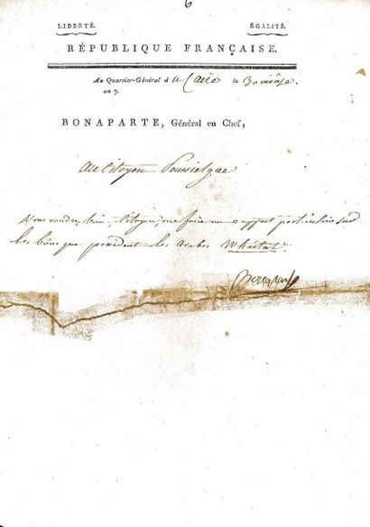 BONAPARTE (Napoléon) Pièce signée. 19 Janvier 1799; une page in-4 rep. avec du scotch....