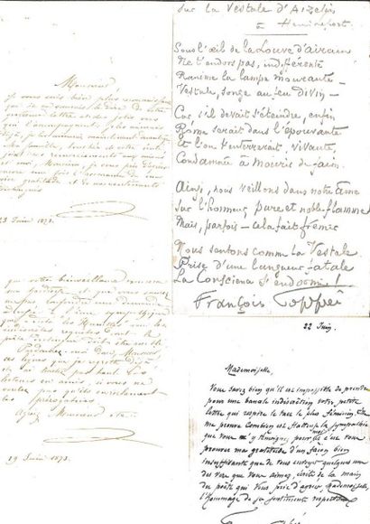 COPPEE (François) Réunion de deux poèmes et une lettre autographes, signés, à Eugène...